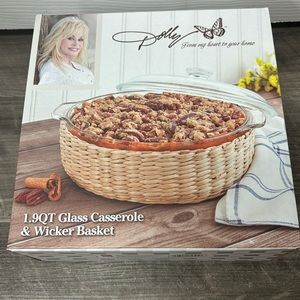 Dolly Glass Casserole & Wicker Basket- brand NEW